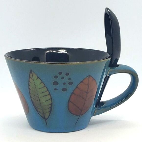 Blue Black Leaf Design Stoneware Soup Mug with Spoon - Picture 5 of 11